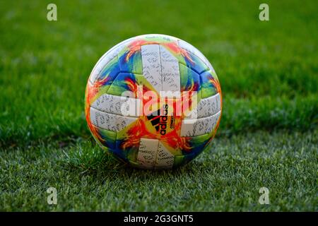 Llanelli, Wales. 15 June, 2021. An Adidas Conext19 ball used during the Women's International Friendly match between Wales Women and Scotland Women at Parc y Scarlets in Llanelli, Wales, UK on 15, June 2021. Credit: Duncan Thomas/Majestic Media/Alamy Live News. Stock Photo