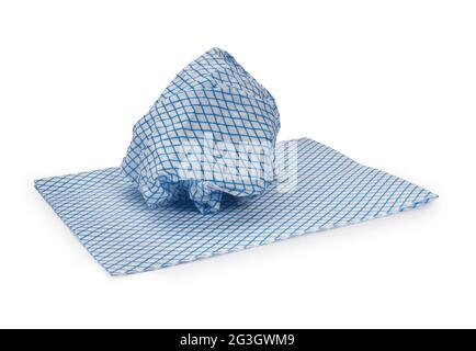 Studio shot of blue and white kitchen cleaning cloths cut out against a white background - John Gollop Stock Photo