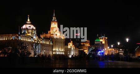 The Bund in Shanghai, China: View of illuminated colonial buildings at night along the Bund. Stock Photo