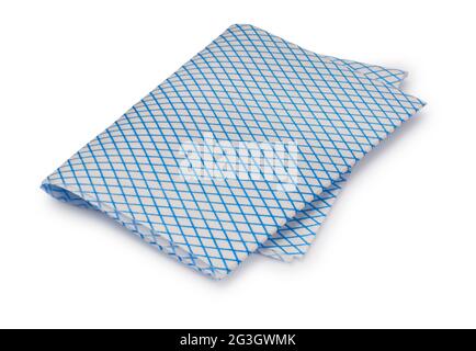 Studio shot of blue and white kitchen cleaning cloths cut out against a white background - John Gollop Stock Photo