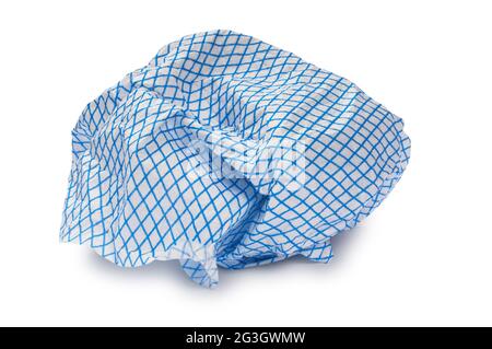 Studio shot of blue and white kitchen cleaning cloths cut out against a white background - John Gollop Stock Photo