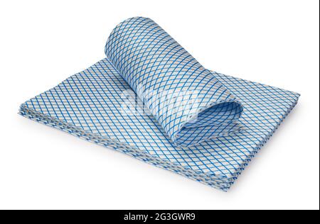 Studio shot of blue and white kitchen cleaning cloths cut out against a white background - John Gollop Stock Photo