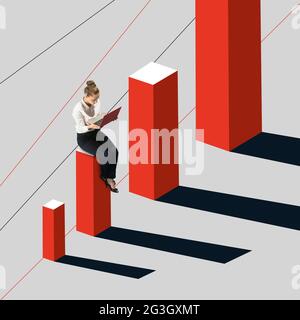 Charts and graphs. Young girl, accountant, finance analyst or clerk in suit isolated on blue background. Stock Photo