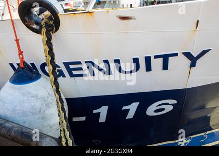 UK fishing Industry.  Ingenuity Fishing Trawler moored at Grimsby Fish Market, Grimsby Docks, UK. Stock Photo