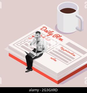Schedule planning. Flat isometric view of modern office - big things and little worker. Office working, daily task Stock Photo