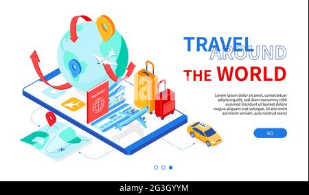 Travel around the world - modern colorful isometric web banner with copy space for text. An illustration with airplane, passport, tickets, baggage on Stock Vector