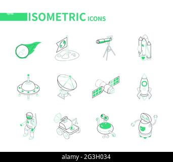 Space exploration - line colorful isometric icons set on white background. Galaxy, astronomy idea. Meteorite, telescope, shuttle, ufo, rocket, satelli Stock Vector
