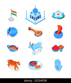 Indian symbols - modern colorful isometric icons set. Culture and traditions of India. Tiger, bull, cobra, sitar, Taj Mahal, flag, lotus, mehndi, spic Stock Vector