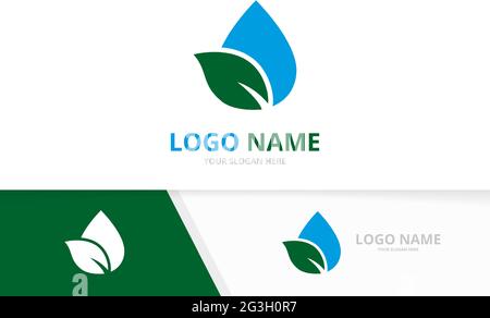 Organic water logo combination. Unique eco aqua drop and leaf logotype design template. Stock Vector