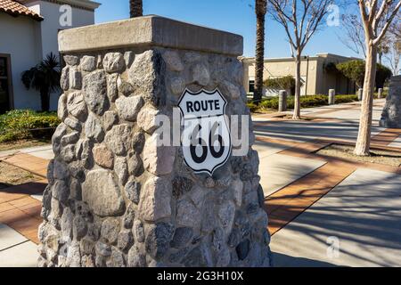 Rancho Cucamonga, CA, USA – February 6, 2021: A Route 66 sign on Foothill Boulevard in Rancho Cucamonga, California. Stock Photo