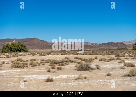 Panoramic view of the Mojave Desert with open land and mountains Stock Photo