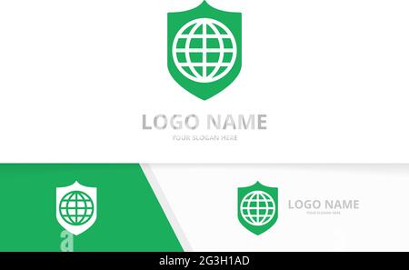 Vector shield and globe logo combination. Security and world logotype design template. Stock Vector