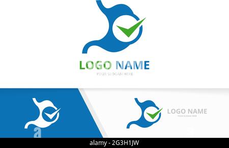 Vector stomach and check mark logo combination. Unique gastrointestinal tract and tick logotype design template. Stock Vector