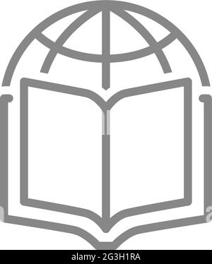 Open book with planet line icon. Global library, online bookstore symbol Stock Vector