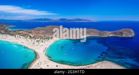 Aerial view of Simos beach in Elafonisos island in Greece. Elafonisos is a small Greek island the Peloponnese with idyllic exotic beaches in Lakonia Stock Photo