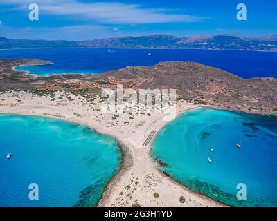 Aerial view of Simos beach in Elafonisos island in Greece. Elafonisos is a small Greek island the Peloponnese with idyllic exotic beaches in Lakonia Stock Photo