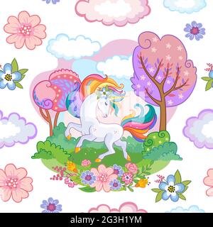 Seamless pattern with dreaming unicorn in a magical blooming garden on white background. Vector illustration for print, party, wallpaper, design, deco Stock Vector