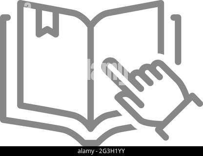 Human chooses a open book line icon. E-book, online library symbol Stock Vector
