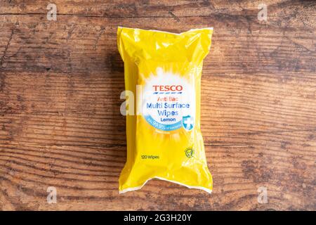 Irvine, Scotland, UK - June  15, 2021: Tesco branded anti bacterial wipes in plastic packaging Non recyclable packaging and contents are non flushable Stock Photo