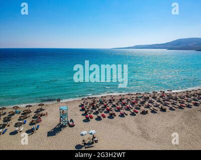 Aerial view of Simos beach in Elafonisos island in Greece. Elafonisos is a small Greek island the Peloponnese with idyllic exotic beaches in Lakonia Stock Photo