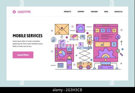 Vector web site linear art design template. Mobile phone services and smartphone applications. Landing page concepts for website and mobile Stock Vector