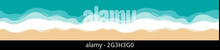 Panoramic view of the beach. Long, elongated, horizontal banner. Sand, seashore with azure waves. Sea coast top view, aerial view. Seamless marine background. Hand drawn vector illustration. Stock Vector