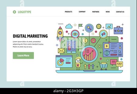 Vector web site linear art design template. Digital marketing and seo analytics. Content marketing, market research. Landing page concepts for website Stock Vector