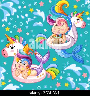 Seamless summer pattern with cute mermaids with red hair and green tail. Vector sea illustration ...