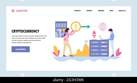 Vector web site gradient design template. Blockchain technology and cryptocurrency. Online digital money, bitcoin, ethereum. Landing page concepts for Stock Vector