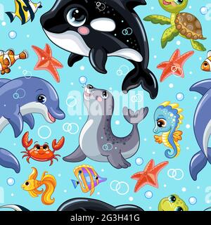 Seamless vector pattern with cute cartoon water animals orca, seahorse, seal, dolphin, turtle. Colorful illustration vector background children concep Stock Vector