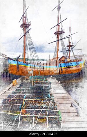 Wooden jetty with piles of lobster pots and HM Bark Endeavour in the background, Whitby, North Yorkshire, England, UK - Digital Watercolour. Stock Photo