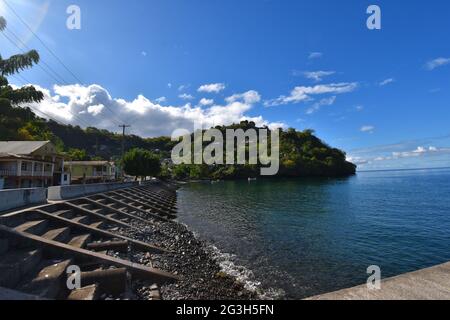 Barrouallie, St. Vincent and the Grenadines- January 5th, 2020: View from the Jetty in Barrouallie, St. Vincent, months before the volcano erupted. Stock Photo