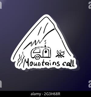Sketch camping and foot of the mountain. Doodle style triangle sticker. Campfire rest in the wilderness. Black and white vector illustration. Hand let Stock Vector