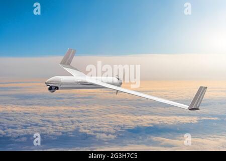 Unmanned military drone on patrol air territory at high altitude Stock Photo