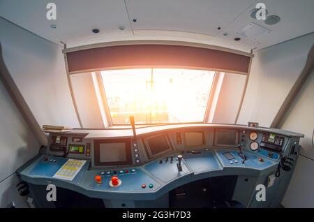 View from the driver's cab of an electric train, voyage on a railway Stock Photo