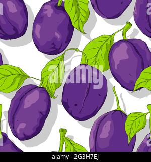 Plums repeating pattern, editable vector template Stock Vector