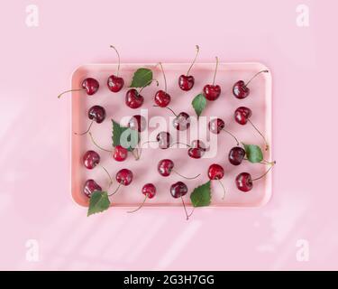 Harvest season. Summer food composition with plastic tray with natural, farm, cherries on a pink background. Healthy launch time