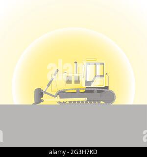 Goose bulldozer against the background of the rising sun. Construction machinery. Flat vector illustration. Stock Vector