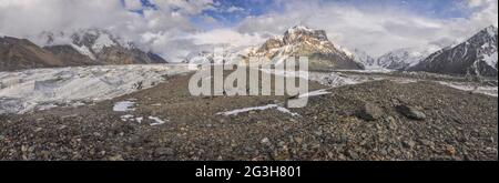 Scenic panorama of Engilchek glacier in picturesque Tian Shan mountain range in Kyrgyzstan Stock Photo