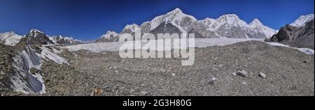 Scenic panorama of Engilchek glacier in picturesque Tian Shan mountain range in Kyrgyzstan Stock Photo