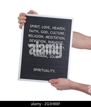 Spirituality concept in plastic letters on very old menu board Stock Photo