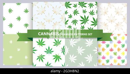 Set of cannabis seamless pattern. Bundle of marijuana leaves patterns. Hemp leaf gold and green. Vector illustration bundle for medical and cosmetic u Stock Vector