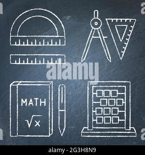 Math instruments icons set in line style on chalkboard. Protractor and ruler, compasses and square, theory book and abacus. Vector illustration. Stock Vector