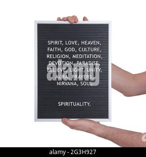 Spirituality concept in plastic letters on very old menu board Stock Photo