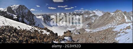 Scenic panorama of lake below highest mountain peaks in Ala Archa national park in Tian Shan mountain range in Kyrgyzstan Stock Photo