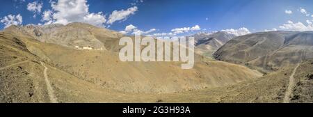 Scenic panorama of valley and buddhist monastery in Dolpo region in Nepal Stock Photo