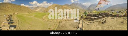 Scenic panorama of an old village in valley in Dolpo region in Nepal Stock Photo