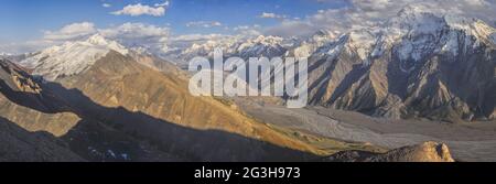 Scenic panorama of Engilchek glacier in picturesque Tian Shan mountain range in Kyrgyzstan Stock Photo