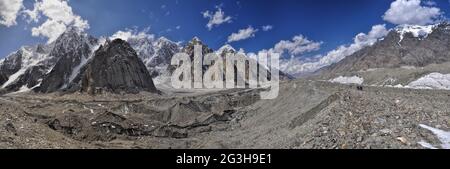 Scenic panorama of Engilchek glacier in picturesque Tian Shan mountain range in Kyrgyzstan Stock Photo