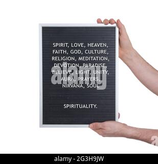 Spirituality concept in plastic letters on very old menu board Stock Photo